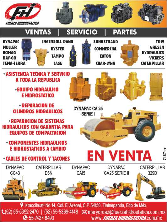 Ventas, Servicio, Partes. Asistencia tecnica y servicio a toda la Republica. Equipo Hidraulico e Hidrostatico. Reparacion de cilindros hidraulicos. Cables de Control y Tacones.