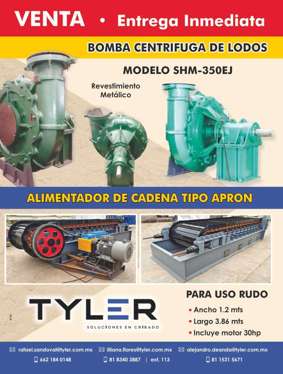 Venta de Equipo Entrega Inmediata. Bomba Centrifuga de Lodos, Modelo SHM- 350EJ, Revestimiento Metalico. Alimentador de Cadena tipo Apron, para uso rudo.