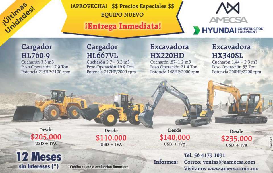 Take advantage of SPECIAL PRICES. NEW TEAM. Immediate delivery. HL760-9 Loader, HL667VL Loader, HX220HD Excavator, HX340SL Excavator. HYUNDAI 12 MONTHS WITHOUT INTEREST.