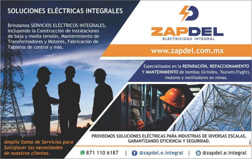 Construccion de Instalacion de baja y media tension, Transformadores. Fabricacion de Tableros de Control. Reparacion, Refaccionamiento y Mantenimiento de Bombas, Motores y Ventiladores en Minas.